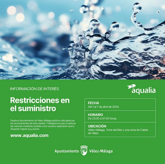 Aqualia anuncia restricciones en el suministro de agua en Vélez-Málaga, Torre del Mar y La Caleta de Vélez del 1 al 7 de abril