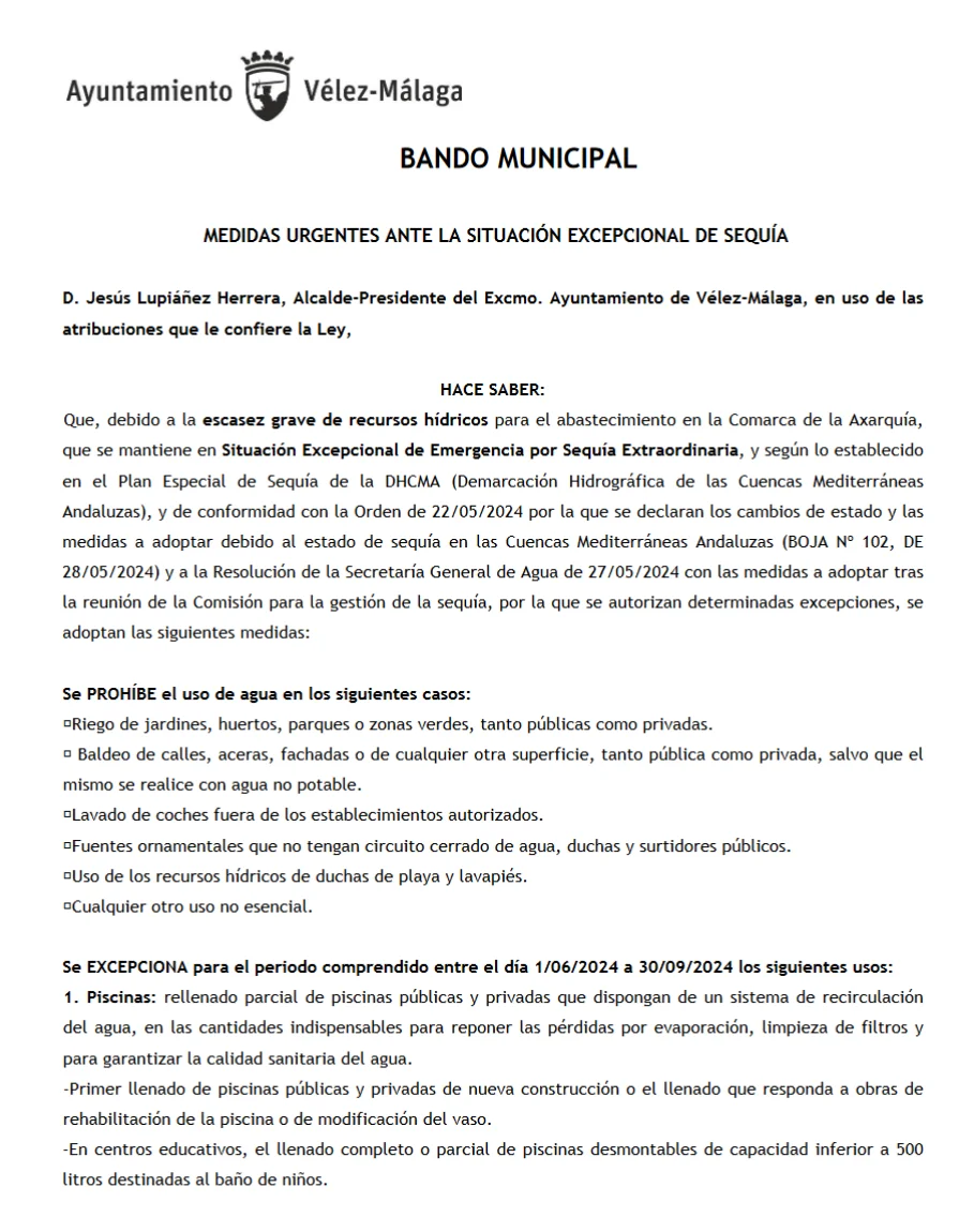 BANDO MUNICIPAL Vélez-Málaga - MEDIDAS URGENTES ANTE LA SITUACIÓN EXCEPCIONAL DE SEQUÍA
