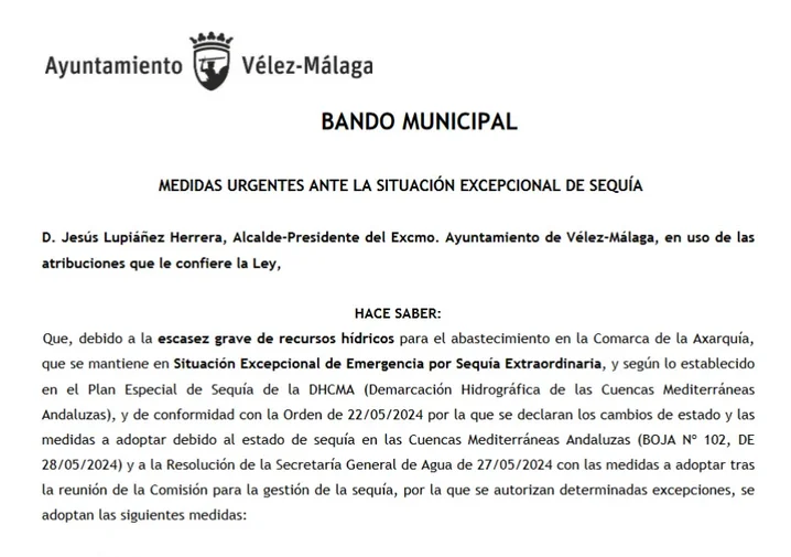 El Ayuntamiento de Vélez-Málaga emite Bando Municipal anunciando medidas urgentes ante la situación excepcional de sequía