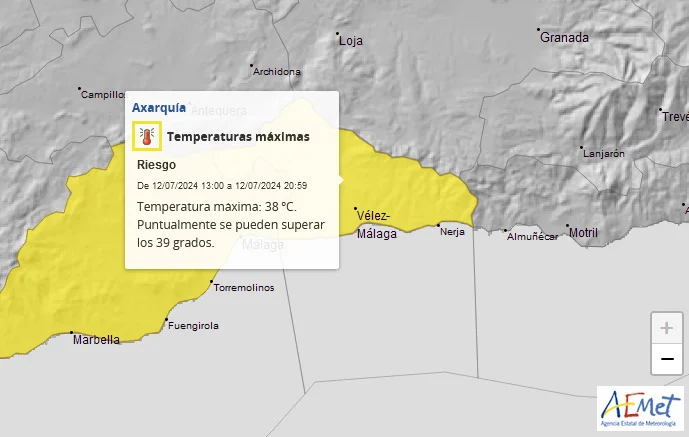 AEMET avisa de peligro por temperaturas máximas el viernes 12 de julio en la Axarquía