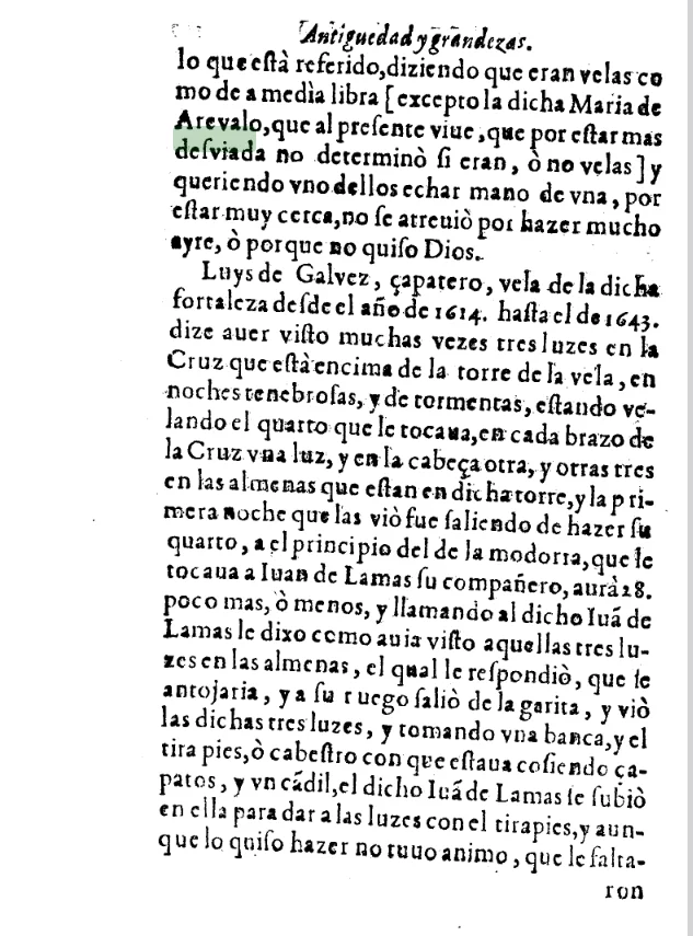Un fragmento del libro relata la presencia de una silueta luminosa con forma de humanoide en la fortaleza de Vélez-Málaga que desaparece tras la aparición de tres luces en el cielo que también desaparecen