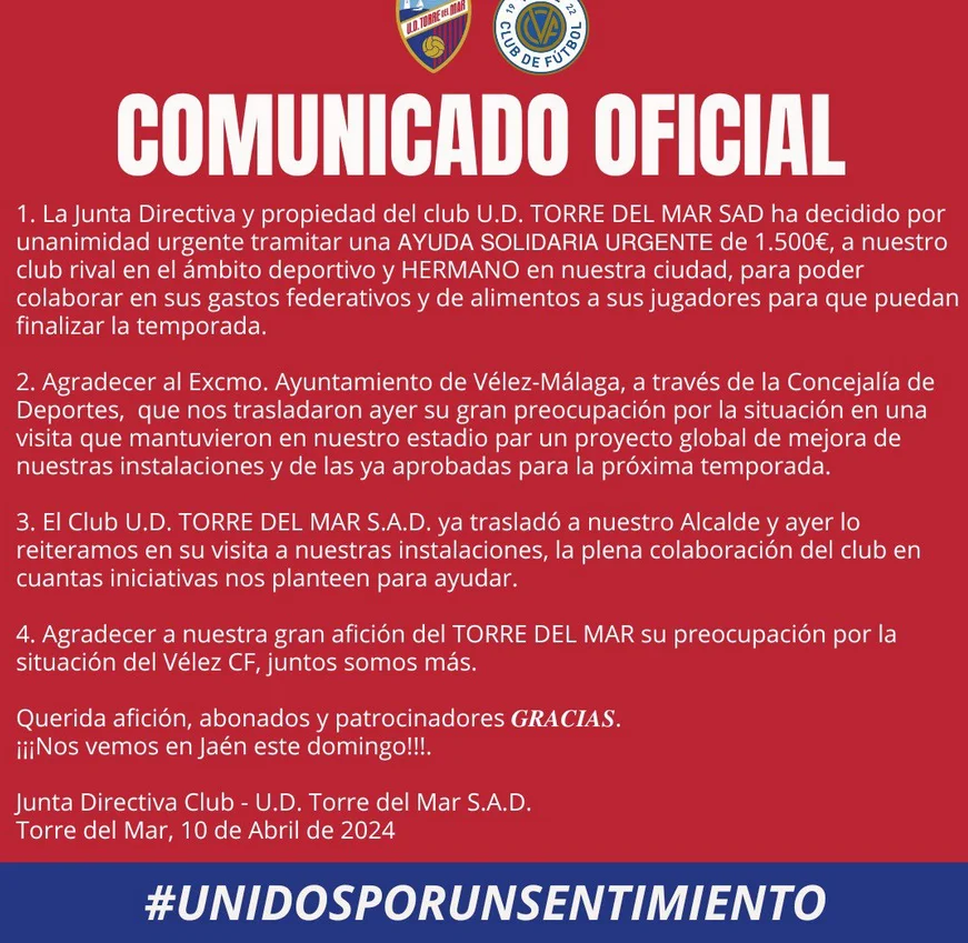 La Unión Deportiva Torre del Mar muestra su apoyo al Vélez C.F. con una ayuda solidaria de 1.500 Euros