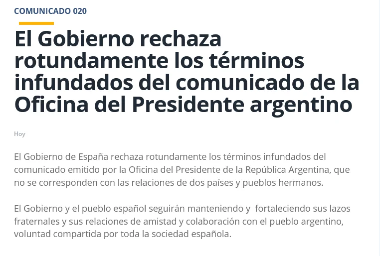 El Gobierno rechaza rotundamente los términos infundados del comunicado de la Oficina del Presidente argentino