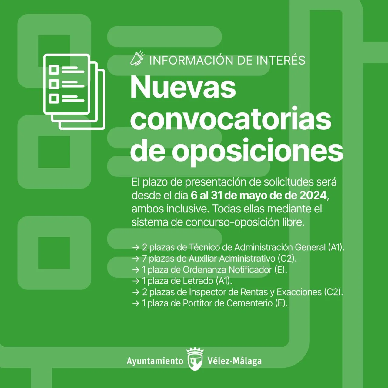 El Ayuntamiento de Vélez-Málaga convoca oferta para 14 plazas de funcionario