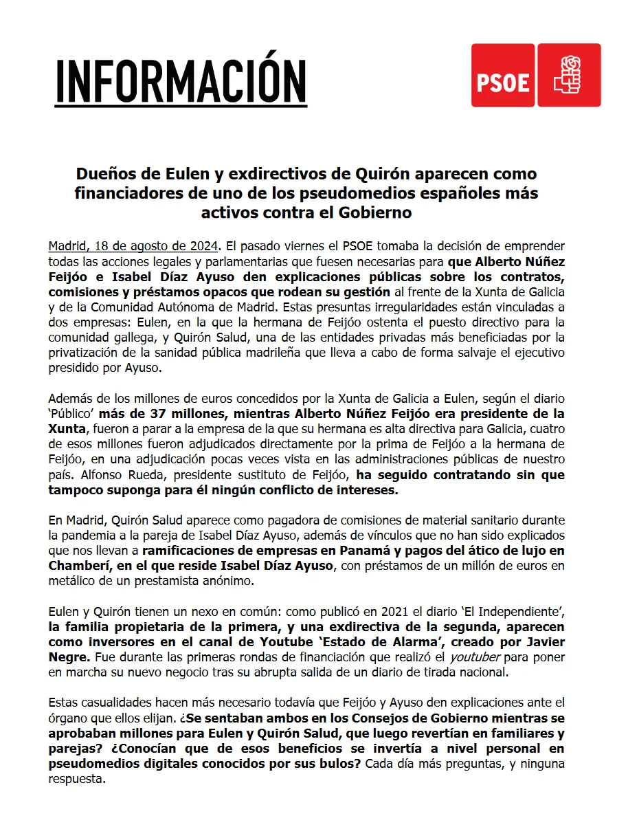comunicao infomación PSOE 18 agosto 2024