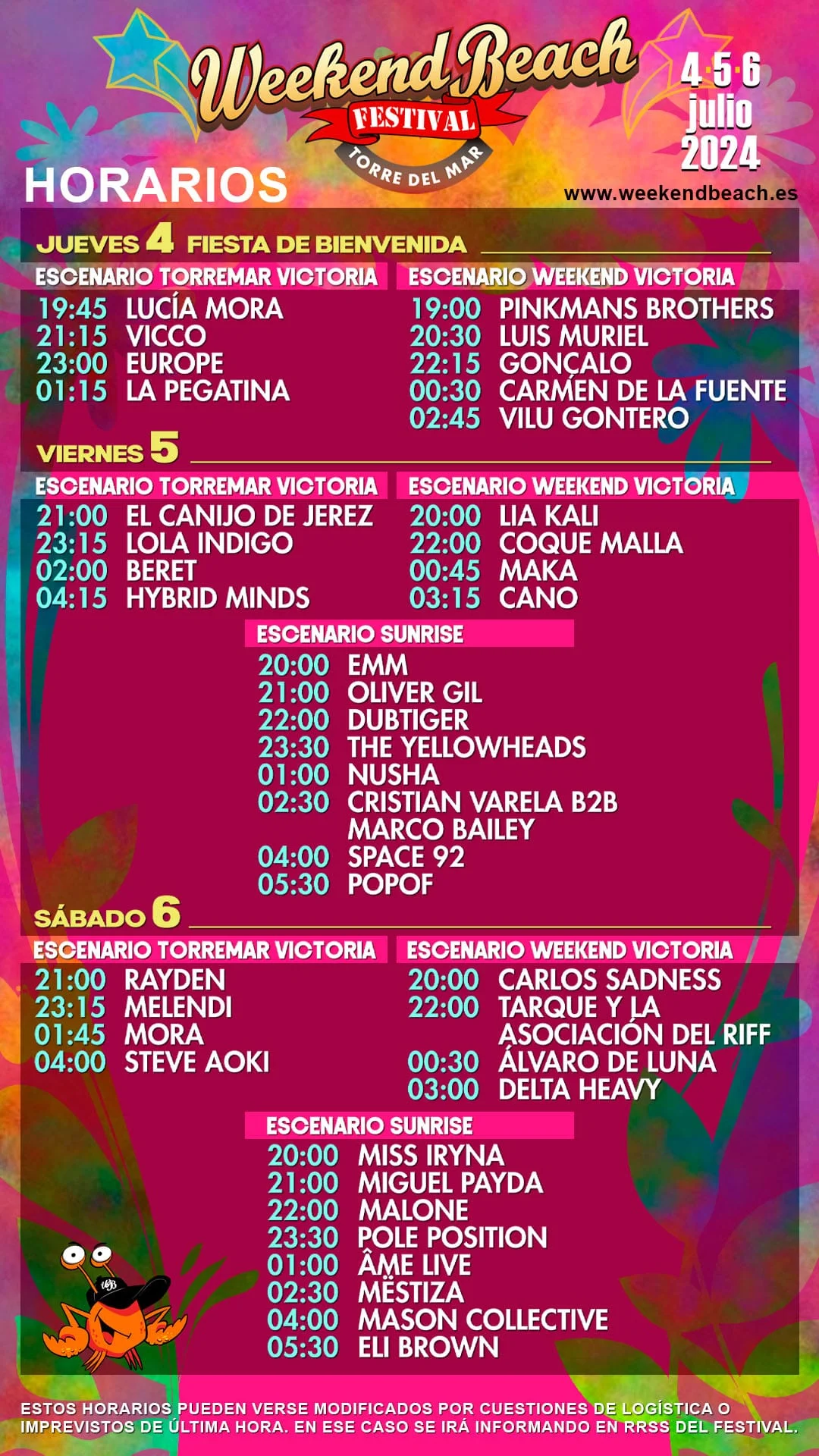 Horarios Weekend Beach Festival 2024 4 de julio ,5 de julio  y 6 de julio