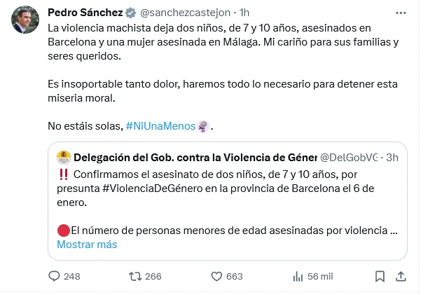 Foto de un twitter de pedro sanchez el lunes 15 de enero de 2024