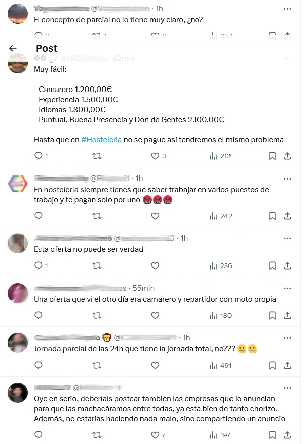 captura de los comentarios en la red social X, sobre la oferta laboral abusiba compartida por la cuenta @soycamarero el 7 de enero de 2024
