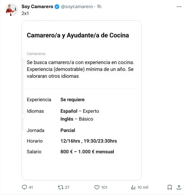 captura de la publicación de la oferta laboral abusiba de un hostelero en España