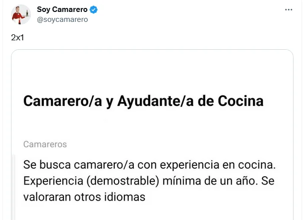 Imagen de la publicación de @soycamarero en X el 7 de enero de 2024 en relación a una oferta laboral abusiva en el gremio de la hostelería