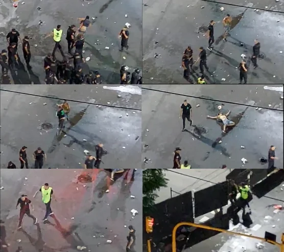 Imagen de un guarda de seguridad golpeando violenta e injustificadamente a un joven en un concierto de La Renga en el estadio del Racing de Avellaneda en Argentina en enro de 2024
