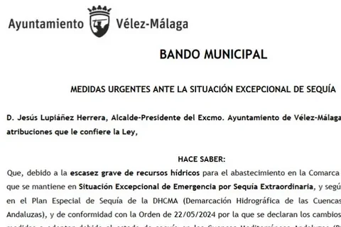 El Ayuntamiento de Vélez-Málaga emite Bando Municipal anunciando medidas urgentes ante la situación excepcional de sequía